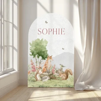 Bos-vrienden-bosdiertjes-schilderij-vos-eekhoorn-egel-kinderschilderij-wanddecoratie-CoiCoi-Kinderkamer-Schilderij-bosdieren-bos-gepersonaliseerd-naamschilderij