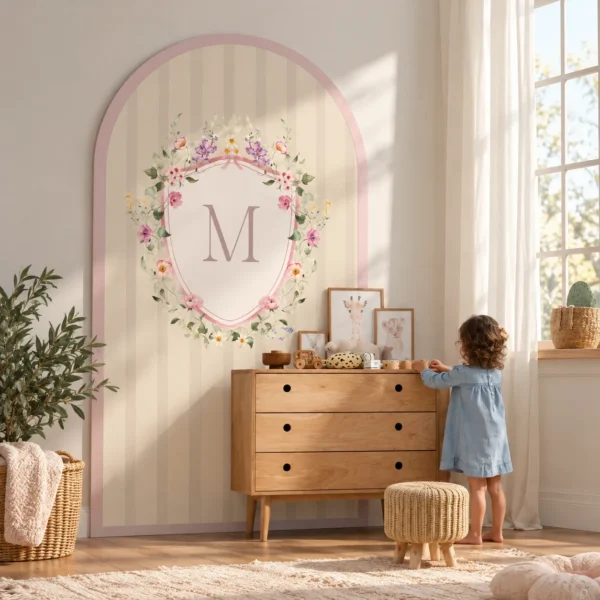 Bloemenschild-Wanddecoratie-Kinderkamer-Droomvenster-Meisjeskamer-wanddecoratie -Kinderkamer-Bloemenkrans-strik-prinsessenkamer-roze-CoiCoi-Thirza-Bakker-David-van-der-Toorn